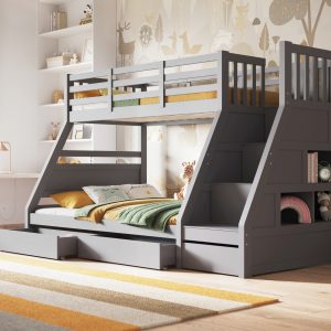 Fargo Grey Triple Bunk Bed The Fargo Grey Triple bunk bed is great for kids. It features three under-bed drawers, wide-stepped stairs, and multiple shelves. The three drawers are useful for storing clothes, toys, and other bedroom items. They have wheels for easy access. The wide-stepped staircase is designed for safety and makes it easy for children to climb to the top bunk. The bunk bed has a solid, easy-to-clean grey finish and will look good in any child's room.