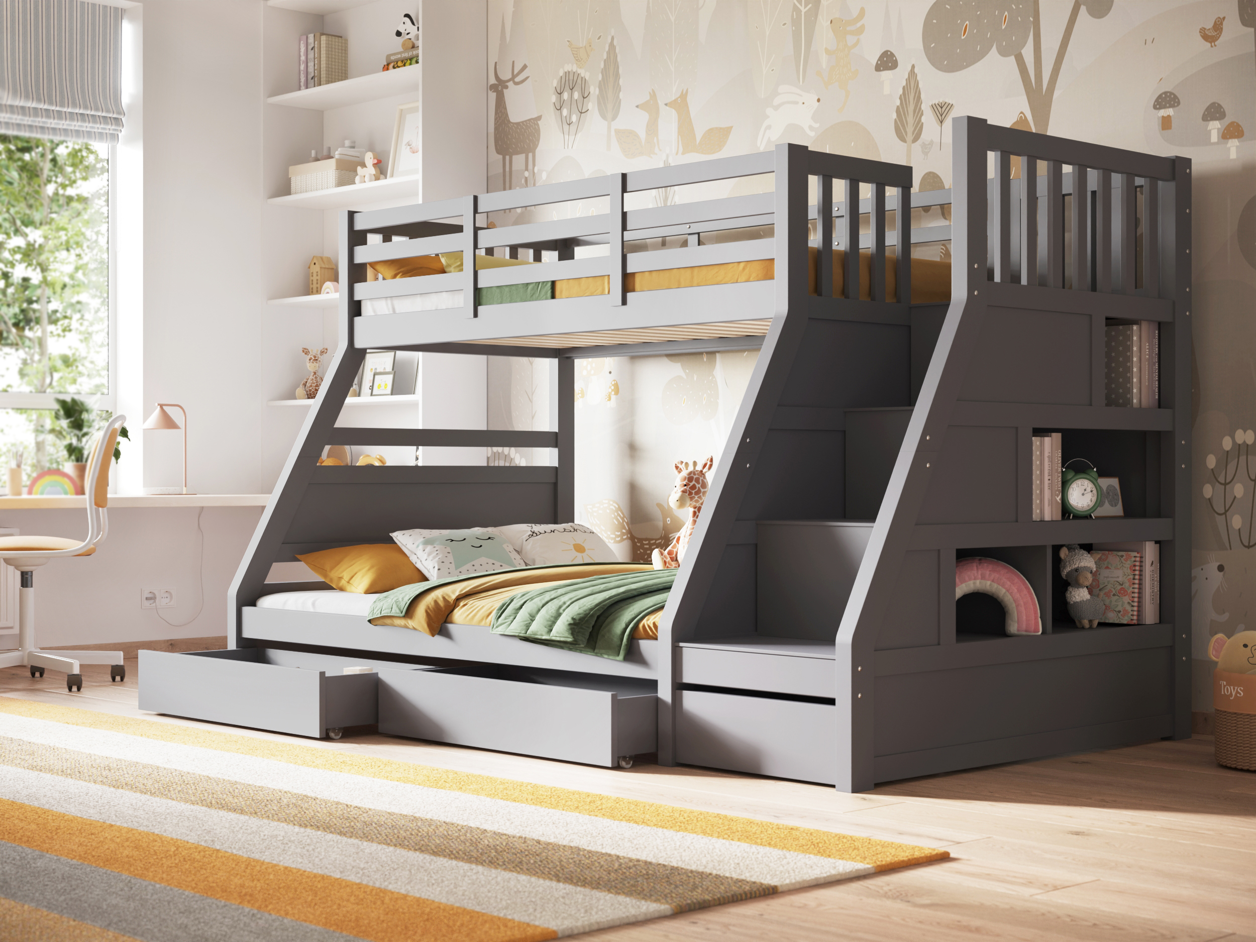 Fargo Grey Triple Bunk Bed The Fargo Grey Triple bunk bed is great for kids. It features three under-bed drawers, wide-stepped stairs, and multiple shelves. The three drawers are useful for storing clothes, toys, and other bedroom items. They have wheels for easy access. The wide-stepped staircase is designed for safety and makes it easy for children to climb to the top bunk. The bunk bed has a solid, easy-to-clean grey finish and will look good in any child's room.