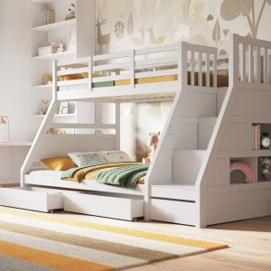 Fargo White Triple Bunk Bed This Fargo White Triple bunk bed is awesome for kids who love adventure! It's got some really cool stuff like three drawers under the bed, stairs with wide steps, and a bunch of shelves. Those three drawers underneath are great for stashing clothes, toys, or whatever else they need in their room. Plus, they're on wheels so kids can get to their stuff super easy. The stairs are extra safe with wide steps, which makes it simple for everyone to climb up to the top bunk without falling. And it comes in a white finish that's easy to wipe clean, so it'll look great in any kid's room.