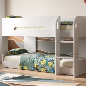 Brooklyn Pod Pod Bunk Bed in White: This bunk bed is modern and good for kids of any age. It's low to the ground, so kids can easily get in and out. It's built strong to keep them safe. It has curved edges to prevent bumps and a ladder to reach the top bunk. The white colour looks good in any bedroom. It's also good for small rooms because it saves space.