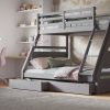 London Grey Triple Bunk Bed with Drawers This bunk bed looks good and works well. It has lots of room for kids to sleep and useful extras. The bottom bunk has panels to hold pillows and toys. The ladder is safe and easy for kids to use. It has wide steps and comfortable handles. This white bunk bed is strong, easy to clean, and has drawers underneath. It will look great in any bedroom.