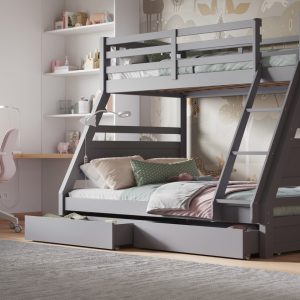 London Grey Triple Bunk Bed with Drawers This bunk bed looks good and works well. It has lots of room for kids to sleep and useful extras. The bottom bunk has panels to hold pillows and toys. The ladder is safe and easy for kids to use. It has wide steps and comfortable handles. This white bunk bed is strong, easy to clean, and has drawers underneath. It will look great in any bedroom.