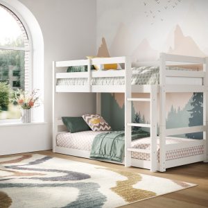 Polaris Low Shorty White Bunk Bed This bunk bed is great for kids' rooms. It's easy to put together and made of strong wood. The short mattress and base make it comfy to sleep on. It's low to the ground and looks nice.