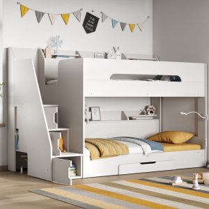 Sherbert Staircase Bunk Bed in White Want a nice bunk bed for your kids? This grey bunk bed has lots of storage and is strong and stylish. The stairs have three cupboards, shelves on both beds, and a drawer underneath. There's plenty of room for your kids' stuff. The high sides make it safe for sleeping. The stairs are safer than ladders, so it's good for all kids. This bunk bed is made well and will last a long time. It's easy to clean too.