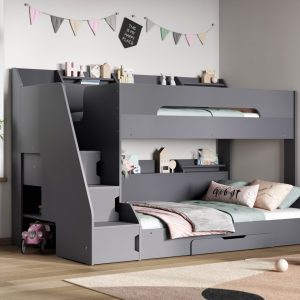 Sherbert Staircase Triple Bunk Bed Grey This grey triple bunk bed is great for kids sharing a room or having friends over. It has lots of storage to save space. It's designed to be safe, with wide steps and high sides. The stairs are safer than a ladder. This bed saves space with shelves on each bunk, cupboards in the stairs, a drawer under the bed, and a cupboard under the stairs.