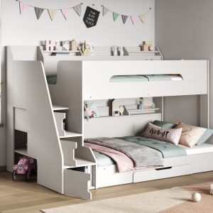 This white triple bunk bed with a staircase is a great option for siblings or sleepovers and helps maximize space in a child's room. It's designed with safety features like wide steps and raised side panels. The staircase is more secure than a ladder. The bed includes built-in shelving on each bunk, three cupboards in the staircase, an under-bed drawer with wheels, and a storage cupboard under the staircase at the end. The white lacquer finish makes it easy to clean. Its compact and innovative design makes it a popular choice for kids.
