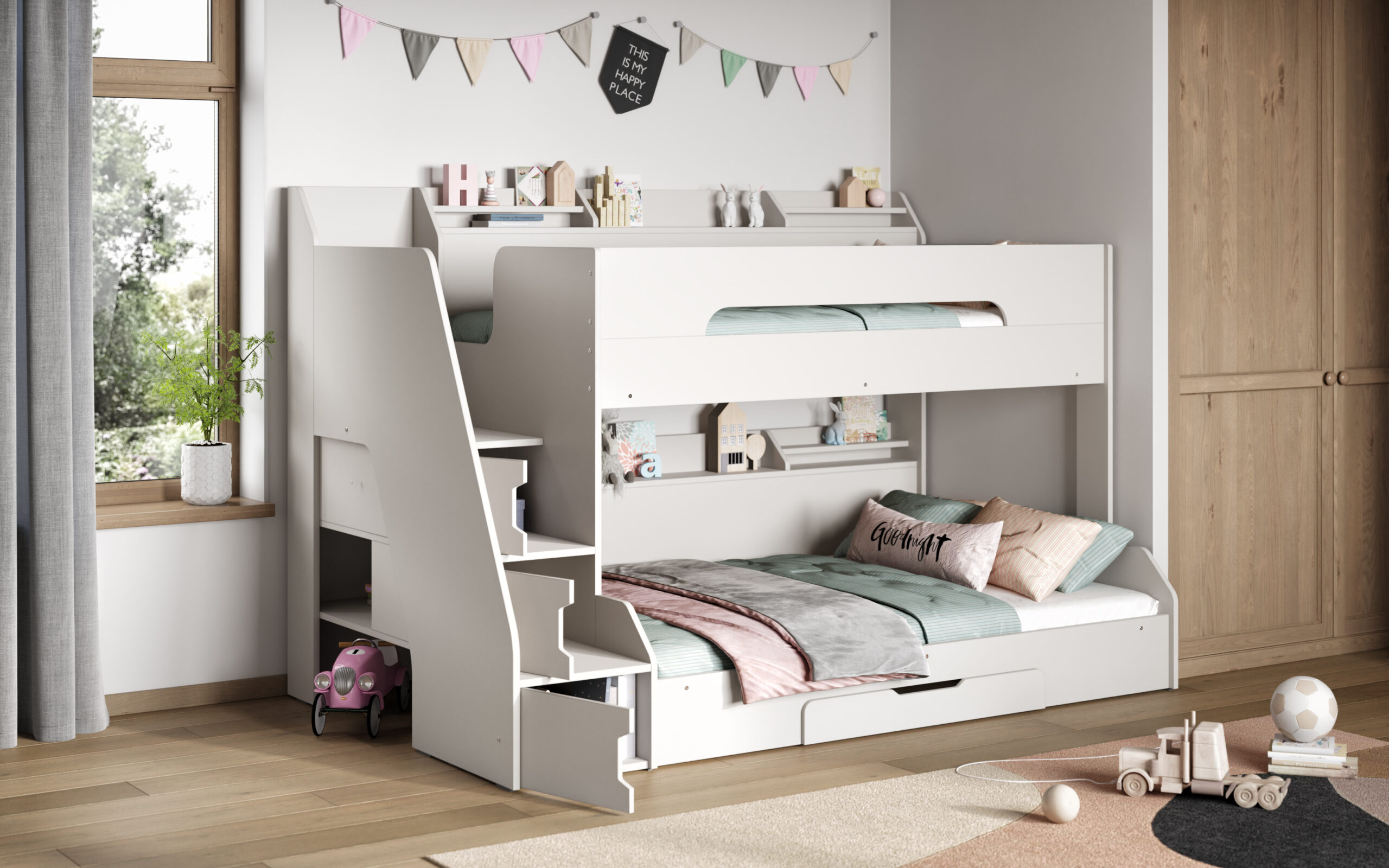This white triple bunk bed with a staircase is a great option for siblings or sleepovers and helps maximize space in a child's room. It's designed with safety features like wide steps and raised side panels. The staircase is more secure than a ladder. The bed includes built-in shelving on each bunk, three cupboards in the staircase, an under-bed drawer with wheels, and a storage cupboard under the staircase at the end. The white lacquer finish makes it easy to clean. Its compact and innovative design makes it a popular choice for kids.