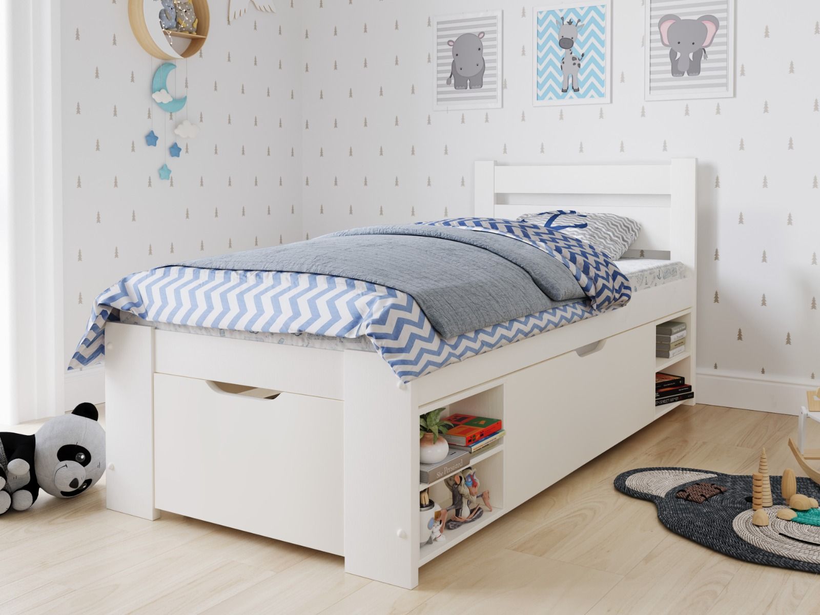 The Noomi Copenhagen Storage Bed in White presents a dual-purpose furniture solution that combines sleep accommodation with integrated storage capabilities. Aesthetically, the bed frame features a white finish, facilitating its integration into diverse interior design schemes and contributing to the overall visual enhancement of the bedroom environment. Functionally, the design incorporates drawers and shelves discreetly positioned beneath the mattress platform. These features provide ample storage for items such as bedding and personal effects, thereby optimizing space utilization and minimizing clutter within the bedroom.