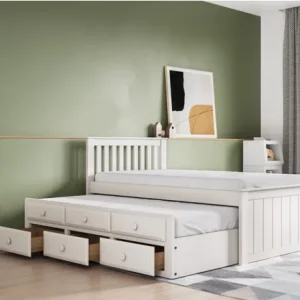 The Quest bed frame is a nice version of a captain's bed. It has a hidden bed that slides out and three big drawers. The drawers are great for storage to keep your room tidy. The extra bed is useful for when guests stay over.