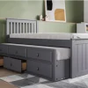 The Quest captain's bed frame is a charming single bed with a pull-out trundle and three deep drawers. Its wood detailing and panel style add character. The drawers offer storage, and the trundle provides extra sleeping space. The bed frame is hand-coated in a white lacquer and made from sturdy solid wood.