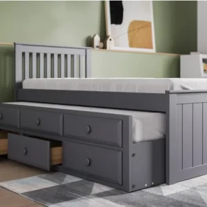 The Quest captain's bed frame is a charming single bed with a pull-out trundle and three deep drawers. Its wood detailing and panel style add character. The drawers offer storage, and the trundle provides extra sleeping space. The bed frame is hand-coated in a white lacquer and made from sturdy solid wood.