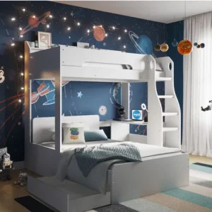 Jubilee L Shaped Triple Bunk Bed - White with Shelves Seeking a space-efficient sleeping arrangement? The Jubilee L Shaped Triple Bunk Bed in White offers an ideal solution. This configuration provides two distinct sleeping areas while maximizing available floor space for additional furnishings. This bed's design incorporates multifunctional elements. The upper bunk includes an integrated storage shelf, and the lower bunk features a desk area suitable for work or study. The underbed component is also freestanding, allowing for flexible placement and potential addition of under-bed storage. The neutral white finish ensures aesthetic compatibility with a variety of bedroom decors. The ladder is reversible, permitting assembly on either the left or right side of the bed. Key Features and Benefits: L-shaped triple bunk bed configuration with single and small double bed sizes Integrated shelving on the upper bunk Wide steps designed for convenient access to the upper bunk