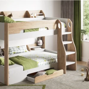 The Soho Bunk Bed Oak With Shelves And Drawer is a versatile and stylish piece for a child's bedroom. It combines style, safety, and function to create a practical and inviting sleeping space. The reversible ladder can be placed on either the left or right side. It offers plenty of storage with shelving units on both bunks and an under-bed drawer on wheels. The raised side panelling provides safety and a modern look. The Soho Bunk Bed Oak With Shelves And Drawer is a blend of elegance and practicality.