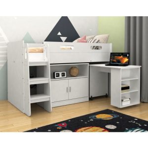 Krakow Storage Midsleeper with Desk & Cupboard - White
