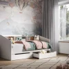 The Atlantis Day Bed in white is a stylish and functional day bed. It's made from quality wood and has underbed storage with two pull-out drawers on wheels and a top shelf.
