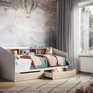 The Atlantis Day Bed White and Oak is a stylish and functional piece that will enhance the elegance of any room. Constructed from high-quality wood, it incorporates convenient underbed storage, consisting of dual pull-out drawers on wheels and an upper shelf. Furthermore, it accommodates a single mattress, rendering it suitable for comfortable and versatile relaxation.