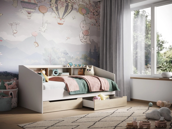 The Atlantis Day Bed White and Oak is a stylish and functional piece that will enhance the elegance of any room. Constructed from high-quality wood, it incorporates convenient underbed storage, consisting of dual pull-out drawers on wheels and an upper shelf. Furthermore, it accommodates a single mattress, rendering it suitable for comfortable and versatile relaxation.