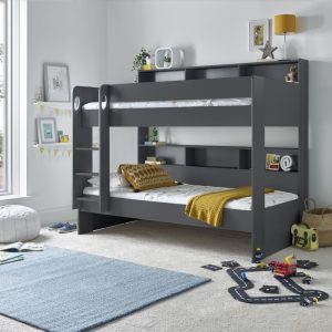 The Lisbon Grey Storage Bunk Bed saves space and offers lots of storage. Its white colour works with any bedroom décor, and its modern design makes it a versatile bed. The lower bunk is close to the floor for safety and to make the room feel more open. Both bunks have shelves with dividers for storing books or displaying items. The shelves also have a raised edge to keep things from falling behind them. The ladder can be attached to either the left or right side.