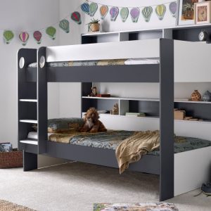 The Lisbon Grey & White Storage Bunk Bed saves space and offers lots of storage. Its white colour works with any bedroom décor, and its modern design makes it a versatile bed. The lower bunk is close to the floor for safety and to make the room feel more open. Both bunks have shelves with dividers for storing books or displaying items. The shelves also have a raised edge to keep things from falling behind them. The ladder can be attached to either the left or right side.