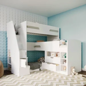 Milan Staircase Triple Bunk Bed White With Storage