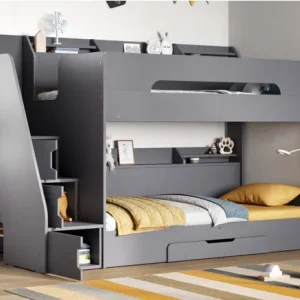 The Sherbert Staircase Bunk Bed in Grey is a stylish and functional option for kids. It offers ample storage with three cupboards in the staircase, shelving in both bunks, and an under-bed drawer. The bed is sturdy and features a modern design. High side-panelling, a headboard, and a footboard provide a safe sleeping environment, and the staircase is safer than a ladder. It's made from high-quality materials, is durable, and has an easy-to-clean grey lacquer finish.