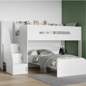 Stepaside L Shaped Triple Sleeper White This high bed is great for kids who need a comfy and safe place to sleep. It also has a single bed for siblings or friends. It has stairs that are also storage cabinets, so you get more space and the stairs are easy to climb. The raised sides make it feel cozy and safe. The stairs are safer than a ladder on a regular bunk bed.