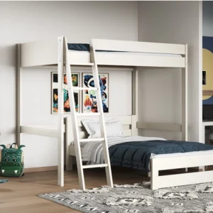 The Tera White Small Double High Sleeper With Small Double L Shaped Bed is part of the sustainable life collection. This bed frame is designed for both adults and children, and includes an extra bed. The upper bed uses a small continental double mattress, as does the lower bed. It is recommended that the top mattress be no more than 16cm thick for safety. All Noomi beds are FSC certified, meaning the solid wood comes from sustainably managed forests. The pine is covered in non-toxic, environmentally friendly water-based paint, available in white and grey. Each piece of pine is moisture-tested to ensure long-term construction. Noomi uses only Scandinavian Solid pine, which grows straighter and with fewer nodes due to the cold climate.