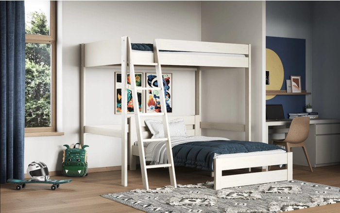 The Tera White Small Double High Sleeper With Small Double L Shaped Bed is part of the sustainable life collection. This bed frame is designed for both adults and children, and includes an extra bed. The upper bed uses a small continental double mattress, as does the lower bed. It is recommended that the top mattress be no more than 16cm thick for safety. All Noomi beds are FSC certified, meaning the solid wood comes from sustainably managed forests. The pine is covered in non-toxic, environmentally friendly water-based paint, available in white and grey. Each piece of pine is moisture-tested to ensure long-term construction. Noomi uses only Scandinavian Solid pine, which grows straighter and with fewer nodes due to the cold climate.