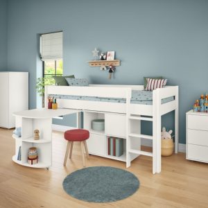 Uno White Mid Sleeper with Pull Out Desk and Cube Unit - Image 3