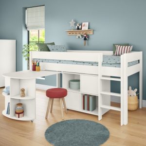 Uno White Mid Sleeper with Pull Out Desk and Cube Unit