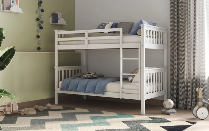 The Solus Bunk Bed is a nice choice if you want something stylish and useful for your house. It's made of good wood and has a white colour. It's well-designed and made in Britain. It works well in kids' rooms, guest rooms, or small homes. It's strong because it's made of wood, and it doesn't take up much space.