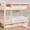 The item in question is a Hoppekids bunk bed constructed from natural pine wood. This bed is suitable for children transitioning from a cot to a larger bed. The product is manufactured with safe materials and includes a safety rail to prevent falls. The bunk bed design offers space-saving benefits by providing two beds in a single structure. Storage drawers are also incorporated beneath the lower bunk. The unit requires two mattresses, each measuring 160cm x 70cm with a maximum thickness of 12cm. Included components are the wooden slats, safety rail, and drawers.
