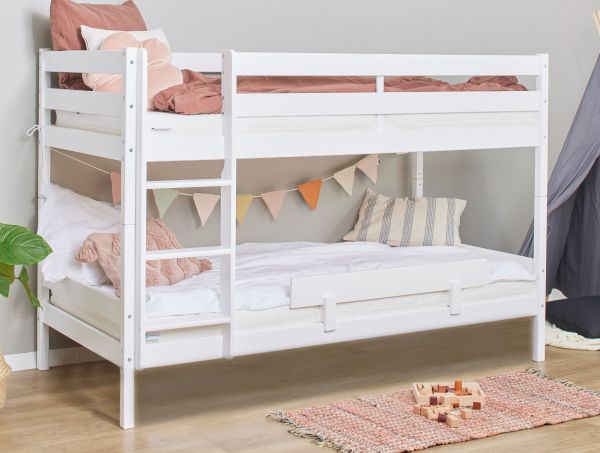 he Hoppekids ECO Shorty Bunkbed in White is intended to ease children's transition from a cot to a standard bed. This bunkbed exhibits an environmentally conscious design, being constructed from high-quality pine devoid of harmful products and chemicals, thereby assuring safety and durability. A safety rail is included to provide additional security. The mattress dimensions are appropriate for transitioning from a cot and optimize bedroom space. The bunkbed configuration allows children to be in close proximity while providing two beds within a single bed's footprint.