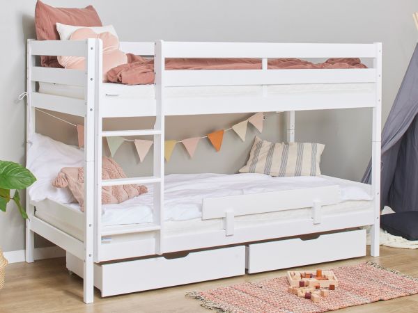 The Hoppekids ECO Shorty Bunkbed in white is a suitable initial bed for children. Constructed from pine wood, this bunkbed incorporates a safety rail to prevent accidental falls. Its dimensions (160cm x 70cm) are smaller than those of a standard bed, thus conserving space. The bunkbed configuration accommodates two children within the same room. Furthermore, it features two under-bed drawers for storage purposes. Two mattresses, each measuring 160cm x 70cm with a maximum thickness of 12cm, are required for use. The bed's overall dimensions are: length 166cm, width 81cm, and height 140cm. It is fabricated from pine wood and finished in white. Included are wood slats for mattress support, a safety rail, and drawers. The bed is manufactured with environmentally conscious practices.
