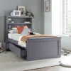 he Enzo Grey Wooden 3 Drawer Storage Bed is a super cool and useful bed that saves space! It's a single bed made of strong Rubberwood with a white finish, so it looks great in any room. It has three big drawers built-in – perfect for storing bedding, clothes, or whatever. Plus, the headboard has two bookshelves for your books or stuff you need at night. You can put the drawers on either side, which is awesome if your room is small or you're just sleeping solo.