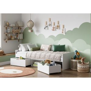 The Griffin cabin bed offers an effective solution for sleeping requirements. It comprises a single bed frame with integrated underbed storage, featuring two drawers and one open compartment. This design promotes an organized and uncluttered environment. The bed provides a contemporary aesthetic for any bedroom. Its construction ensures durability, incorporating wooden slats.