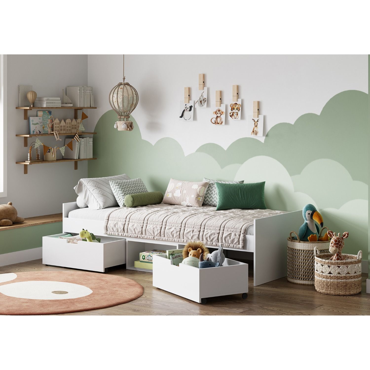 The Griffin cabin bed offers an effective solution for sleeping requirements. It comprises a single bed frame with integrated underbed storage, featuring two drawers and one open compartment. This design promotes an organized and uncluttered environment. The bed provides a contemporary aesthetic for any bedroom. Its construction ensures durability, incorporating wooden slats.