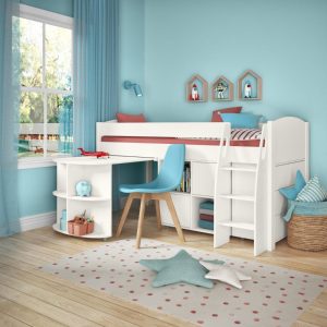 Uno S White Mid Sleeper with Pull Out Desk, 3 Drawer Chest and Cube Unit