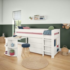 Uno White Mid Sleeper with Pull Out Desk, 3 Drawer Chest and Cube Unit - Image 4