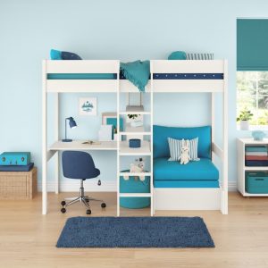 Uno White High Sleeper with Desk and Shelving and Aqua Chair Bed - Image 4