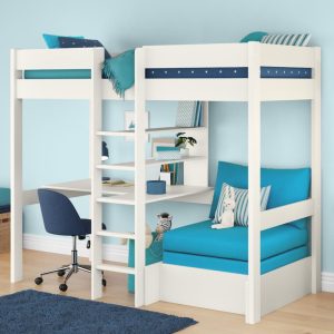 Alternative view of Uno White High Sleeper with Desk and Shelving and Aqua Chair Bed
