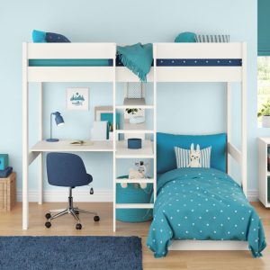 Uno White High Sleeper with Desk and Shelving and Aqua Chair Bed