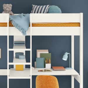Uno White High Sleeper Bed Frame with Desk and Shelving - Image 7