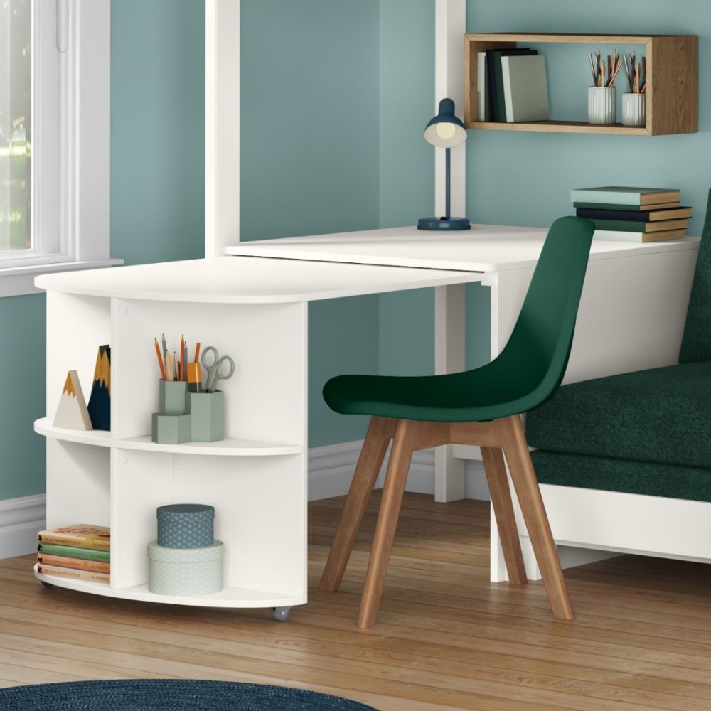 Uno S White High Sleeper with Fixed Desk, Pull Out Desk and Teal Green Sofa Bed - Image 3
