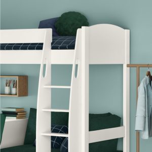 Uno S White High Sleeper with Fixed Desk, Pull Out Desk and Teal Green Sofa Bed - Image 5