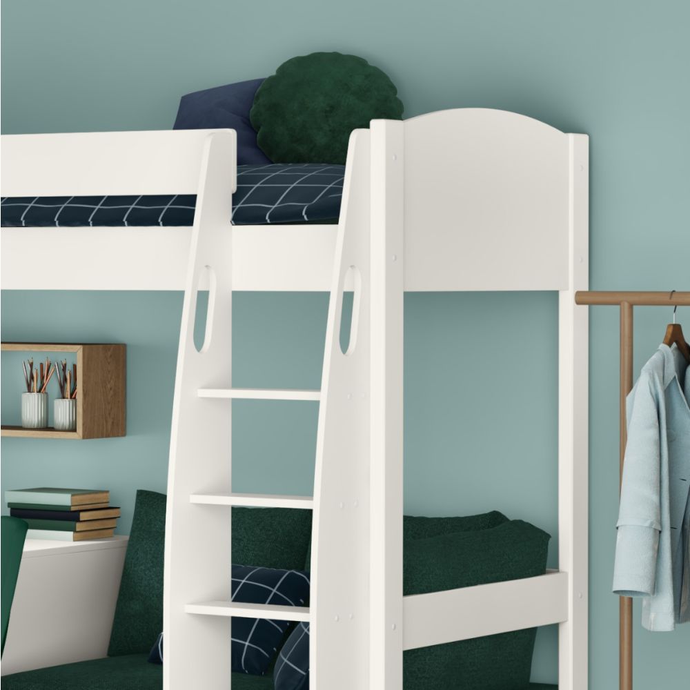 Uno S White High Sleeper with Fixed Desk, Pull Out Desk and Teal Green Sofa Bed - Image 5