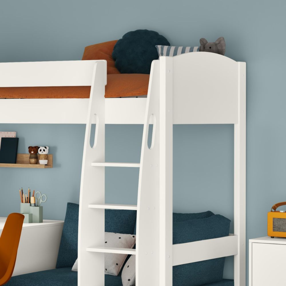 Uno S White High Sleeper with Fixed Desk, Pull Out Desk and Sky Blue Sofa Bed - Image 5