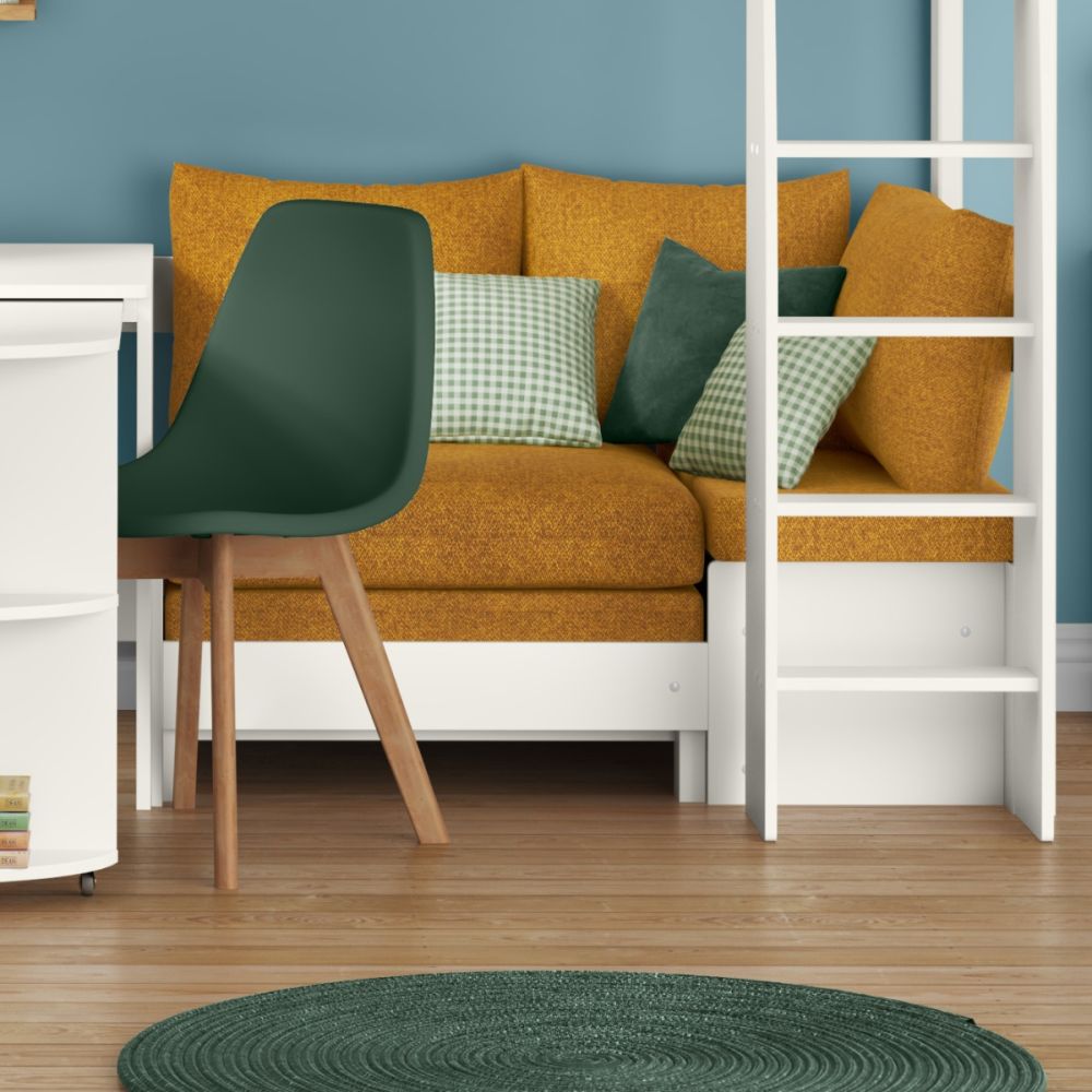 Uno S White High Sleeper with Fixed Desk, Pull Out Desk and Mustard Yellow Sofa Bed - Image 5