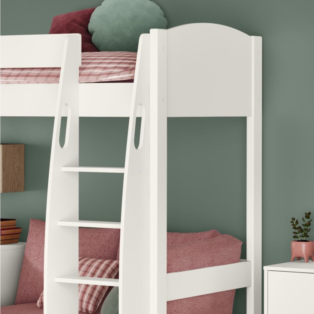 Uno S White High Sleeper with Fixed Desk, Pull Out Desk and Pink Blossom Sofa Bed - Image 5