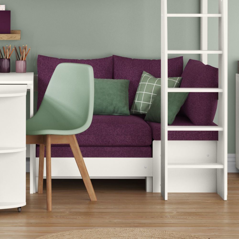 Uno S White High Sleeper with Fixed Desk, Pull Out Desk and Purple Heather Sofa Bed - Image 8